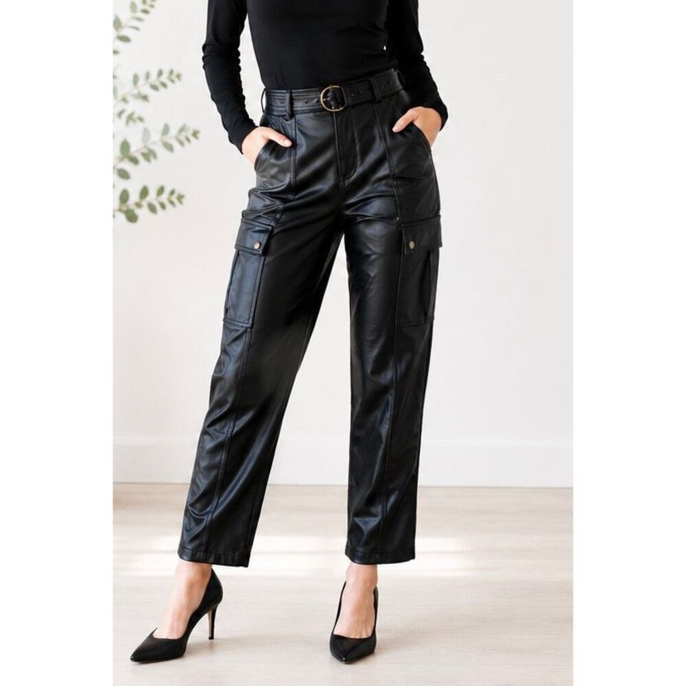 Jason Wu black faux leather belted cargo pant size 6